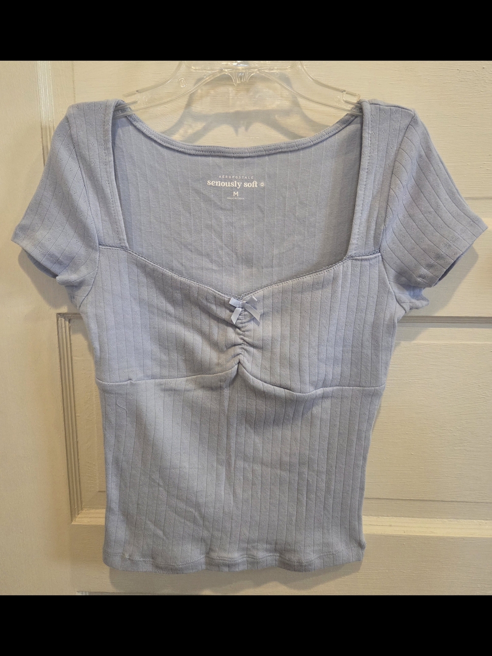 Aeropostale Light Blue Ribbed Square-Neck Short Sleeve Top